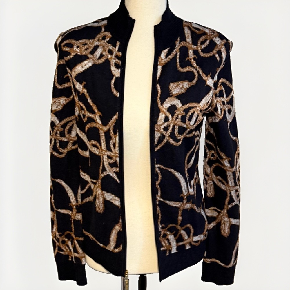 St. John Sport Petite Baroque Chain‎ Print Wool Blend Cardigan